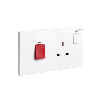 ليجراند - وحدة تحكم الطباخ Galion، مجوز، مفتاح قطبي مزدوج 45A مع مقبس قياسي بريطاني 13A، White