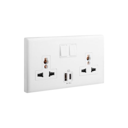 ليجراند - مقبس إلوي، متعدد المعايير، مفرد، أحادي القطب، Switched + USB-A + USB C، 16A، 250V، أبيض