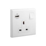 ليجراند - مقبس إلوي، بريطاني، مفرد، أحادي القطب، Switched + USB-A، 13A، 250V، أبيض
