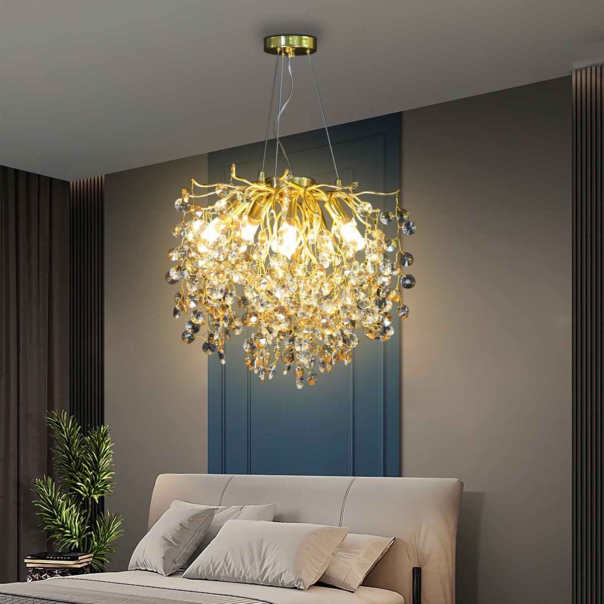 ثريا مودرن تصميم بلمسه ذهبي ه شفاف عسلي إضاءة راقيه E14*6L قطر 45 سم .