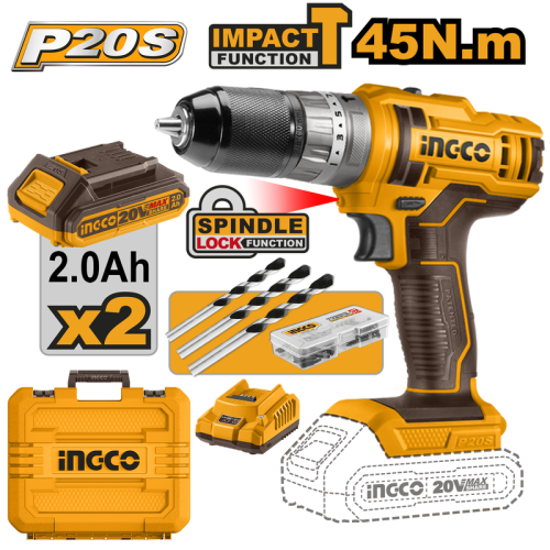 Lithium-Ion cordless drill 20V hammer & 2 battery 2Ah and charger 45Nm دريل شحن 20 فولت شاكوش 2 بطارية+شاحن مع شنطة