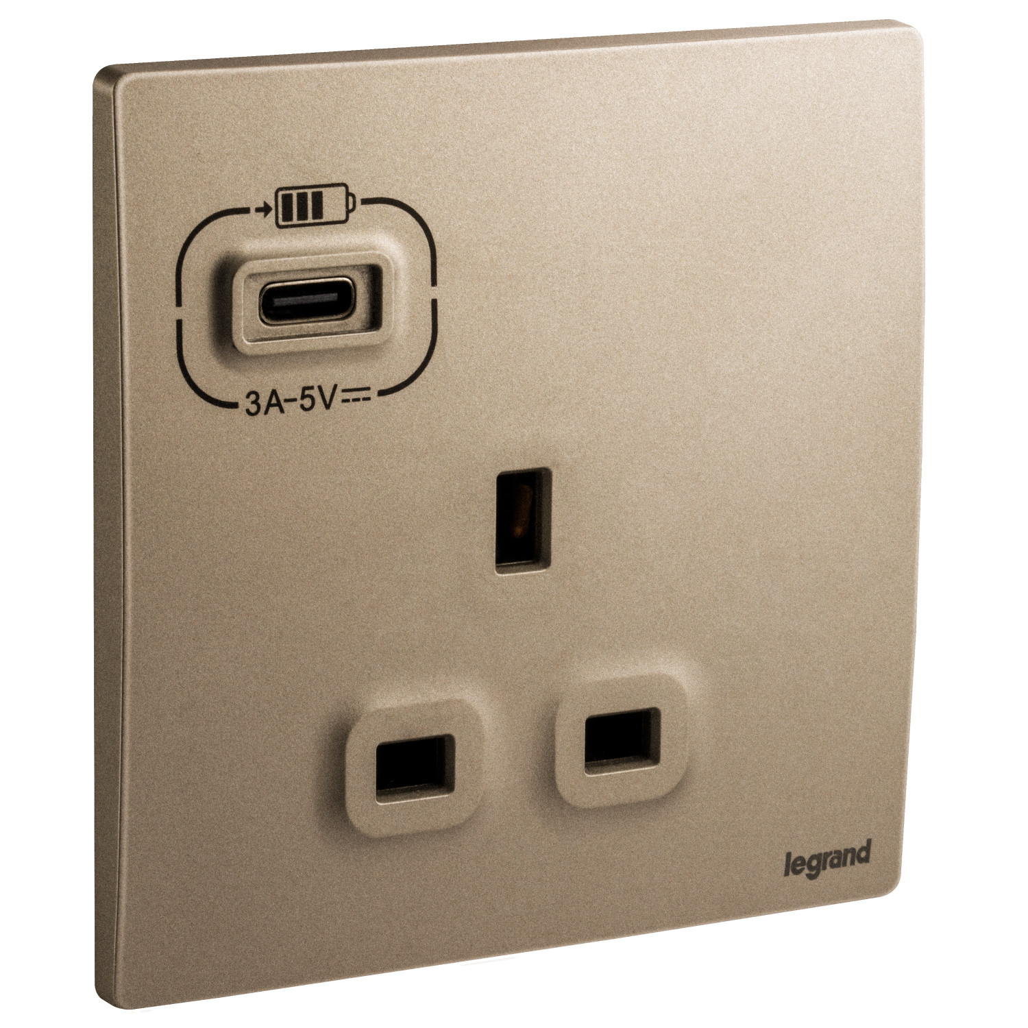 LEGRAND - British Standard Single Pole Socket Outlet with USB Type-C 3 A Charger Mallia, 1 Gang, Unswitched, 13 A, 250 V~, Dark Bronze
