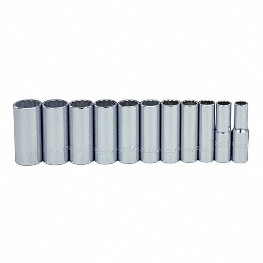 Socket Set, Socket Size Range 1/2 in to 1 1/8 in, Drive Size 1/2 inch, 12-Point, Number of Pieces 11