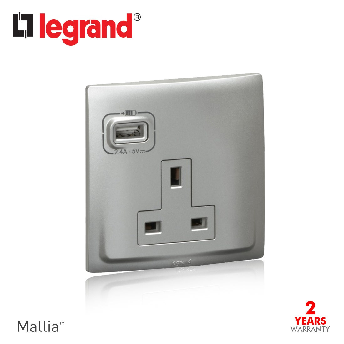 DISCONTINUED LEGRAND - British Standard Socket Outlet with USB Charger Mallia, Unswitched, 1 Gang, 13 A 250 V~