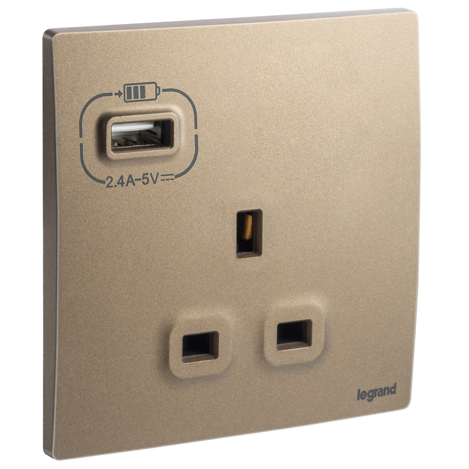 LEGRAND - British Standard Single Pole Socket Outlet with USB Type-A 2.4 A Charger Mallia, 1 Gang, Unswitched, 13 A, 250 V~, Dark Bronze