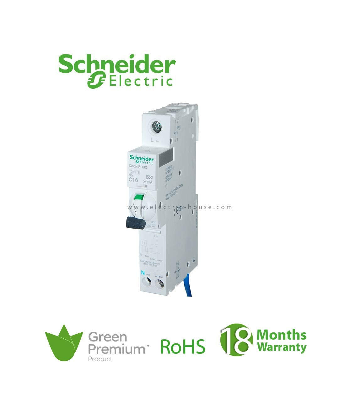 SCHNEIDER - RCBO Breaker, Acti9 iC60H, Earth Leakage, 1P + Ns, C curve, 32A, 30mA, 240 V
