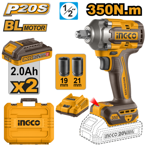 Cordless impact wrench Brushless 20V 1/2" 350Nm with 2pcs 2.0AH Battery Charger BAG 20 350 1/2 -2 2
