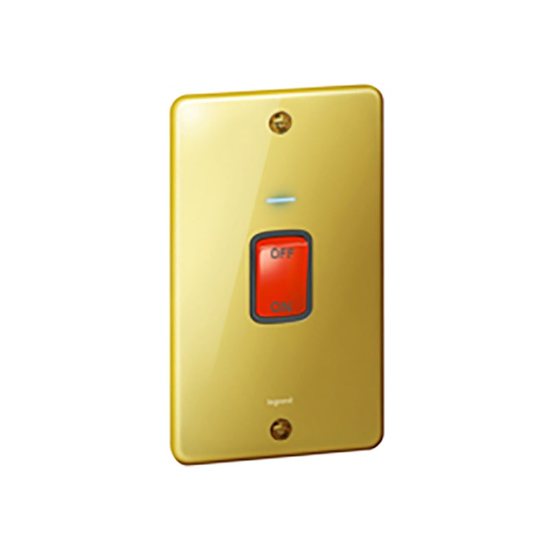 LEGRAND - Double Pole Switch Synergy Authentic, 2 Gang, 45A, 250V, with Blue LED Power Indicator, Vertical, Glossy Gold