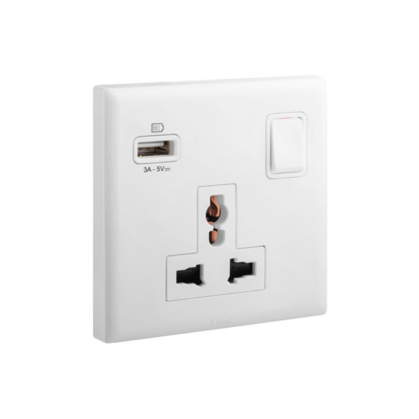 LEGRAND - Socket Eloe, Multistandard, 1 Gang, Single Pole, Switched + USB-A, 16A, 250V, White