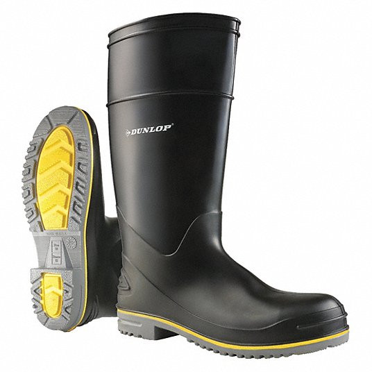 DUNLOP, Rubber Boot, Men's, 12, Knee, Plain Toe Type, Polyblend PVC with Nitrile, Black, 1 PR