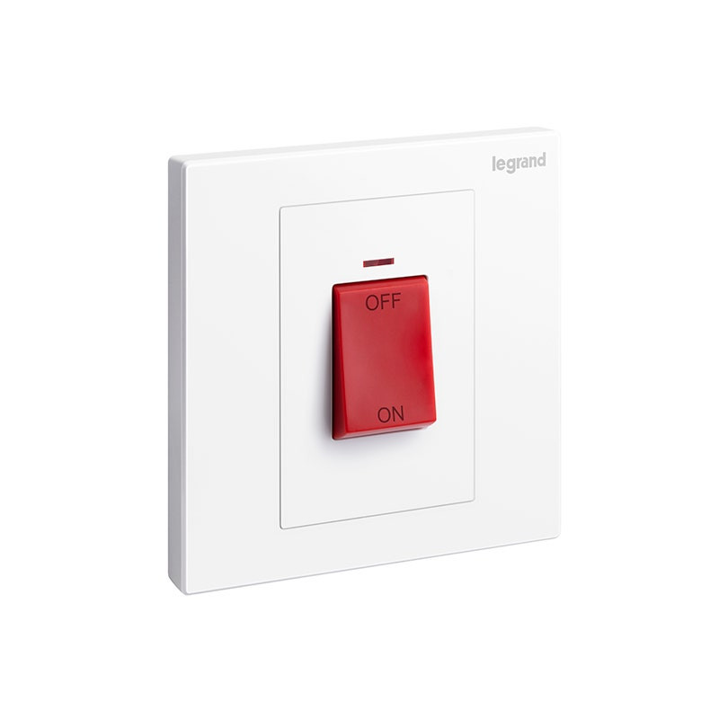 LEGRAND - Double Pole Switch Galion, 1 Gang, 45A, 250V, with Red Power Indicator and Red Rocker, White