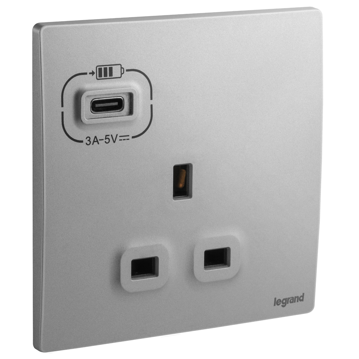 LEGRAND - British Standard Single Pole Socket Outlet with USB Type-C 3 A Charger Mallia, 1 Gang, Unswitched, 13 A, 250 V~, Dark Silver