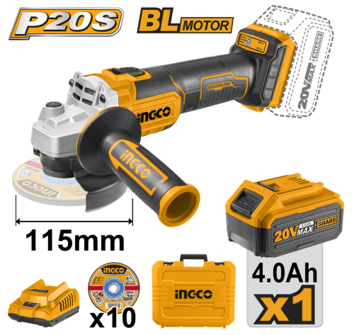 Lithium-Ion Angle Grinder 4.5"- (20V-4.0AH) 4 amp battery and charger with a 10-piece fiber set صاروخ شحن 4.5" ليثيوم مع بطارية 4 امبير وشاحن مع طقم فيابر 10 قطع 20فولت
