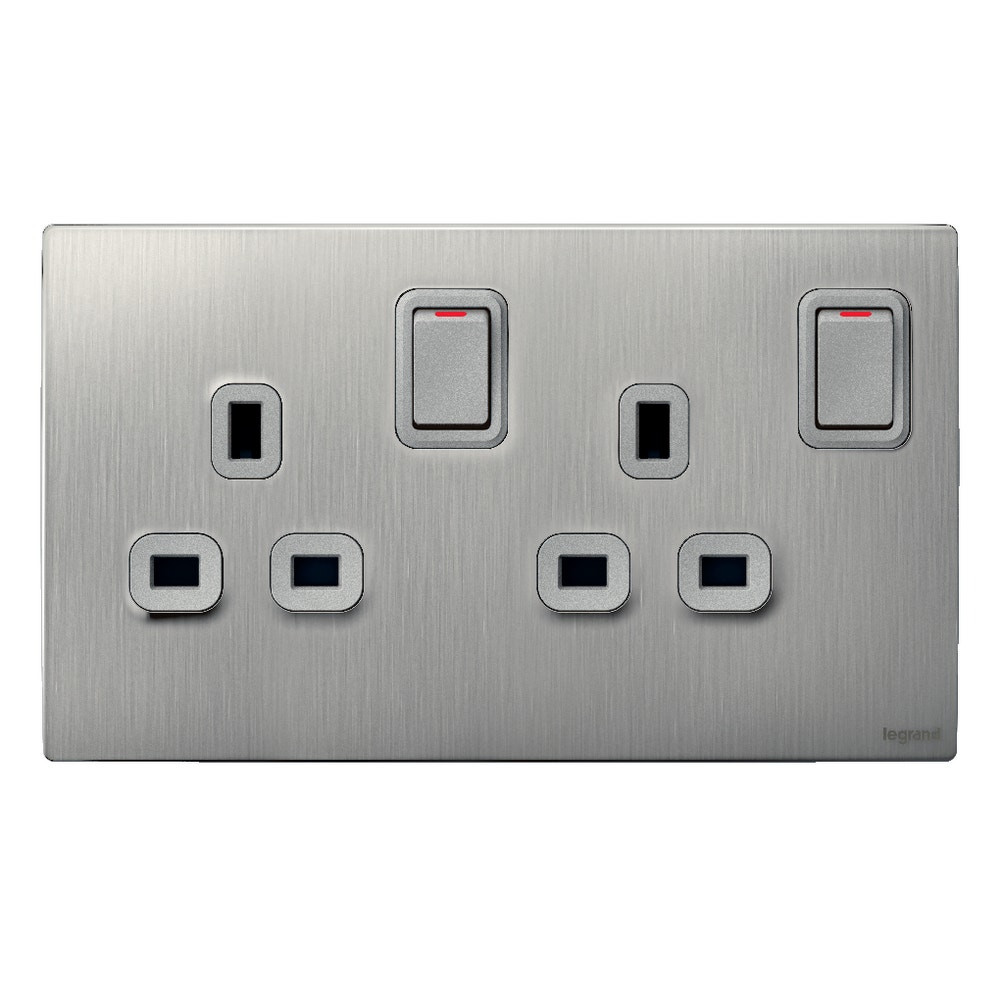 LEGRAND - British Standard Double Pole Socket Outlet Mallia, 2 Gang, Switched, 13 A, 250 V~, Brushed Aluminium