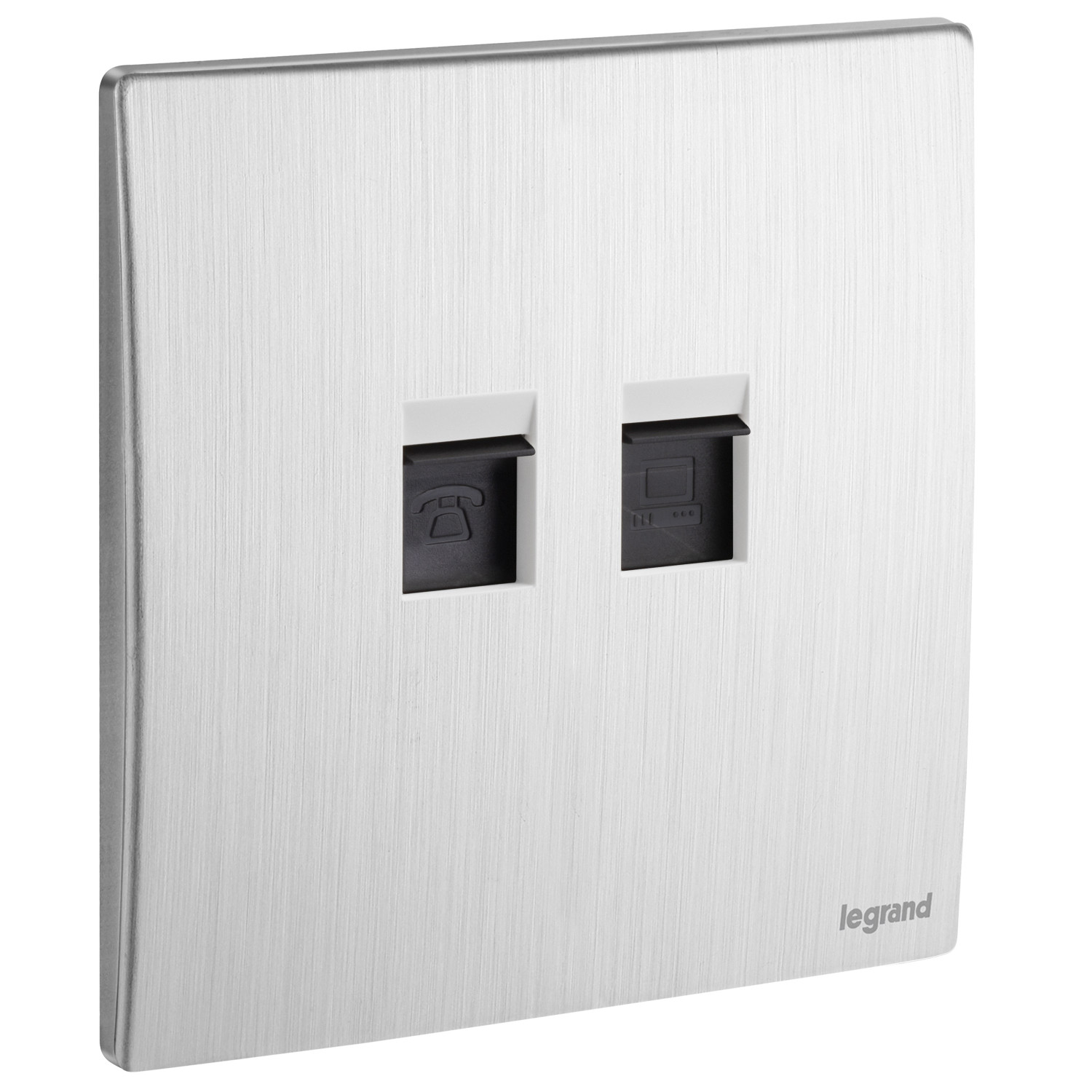 LEGRAND - Telephone/Data socket Mallia, RJ 11 + RJ 45 Socket, Category 6, UTP, Brushed Aluminium