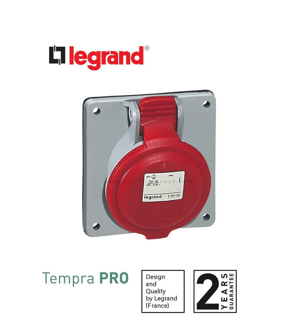 LEGRAND - Panel Mounting Socket P17, Inclined Outlet, IP44, 380/415 V~, 32 A, 3P+N+E