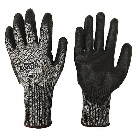 Coated Gloves, L ( 9 ), ANSI Cut Level A4, Palm, Dipped, Polyurethane, Cut-Resistant