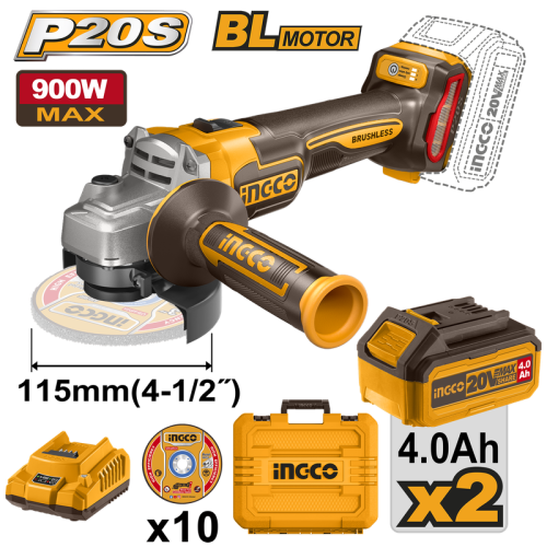 Cordless angle grinder 20V Brushless 115mm 4.5" 900w with battery 4.0AH 2X charger10 metal disc 20 4.5" 900 4 10