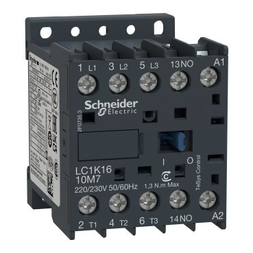 SCHNEIDER - Contactor, TeSys K, 3P, AC-3/AC-3e,<=440V 16A, aux. 1NO, 24V AC coil