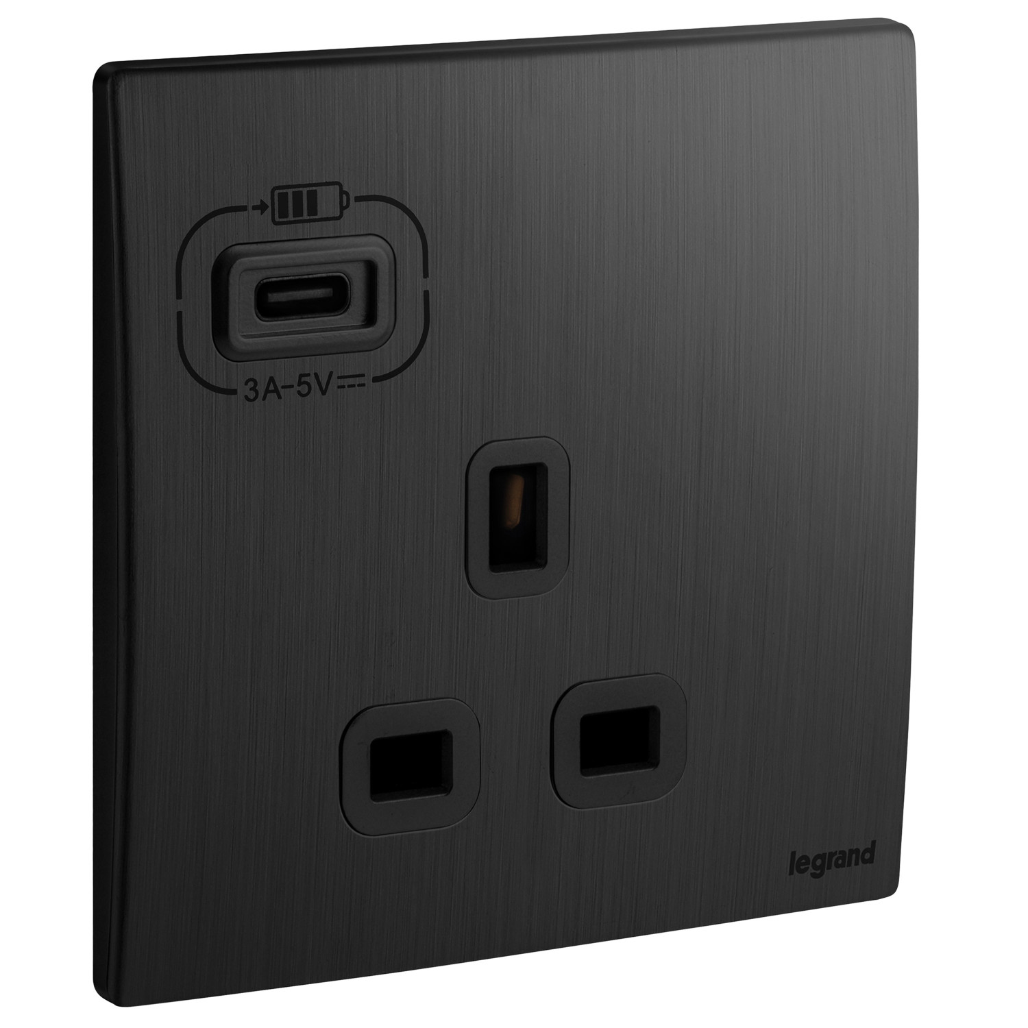 LEGRAND - British Standard Single Pole Socket Outlet with USB Type-C 3 A Charger Mallia, 1 Gang, Unswitched, 13 A, 250 V~, Brushed Black