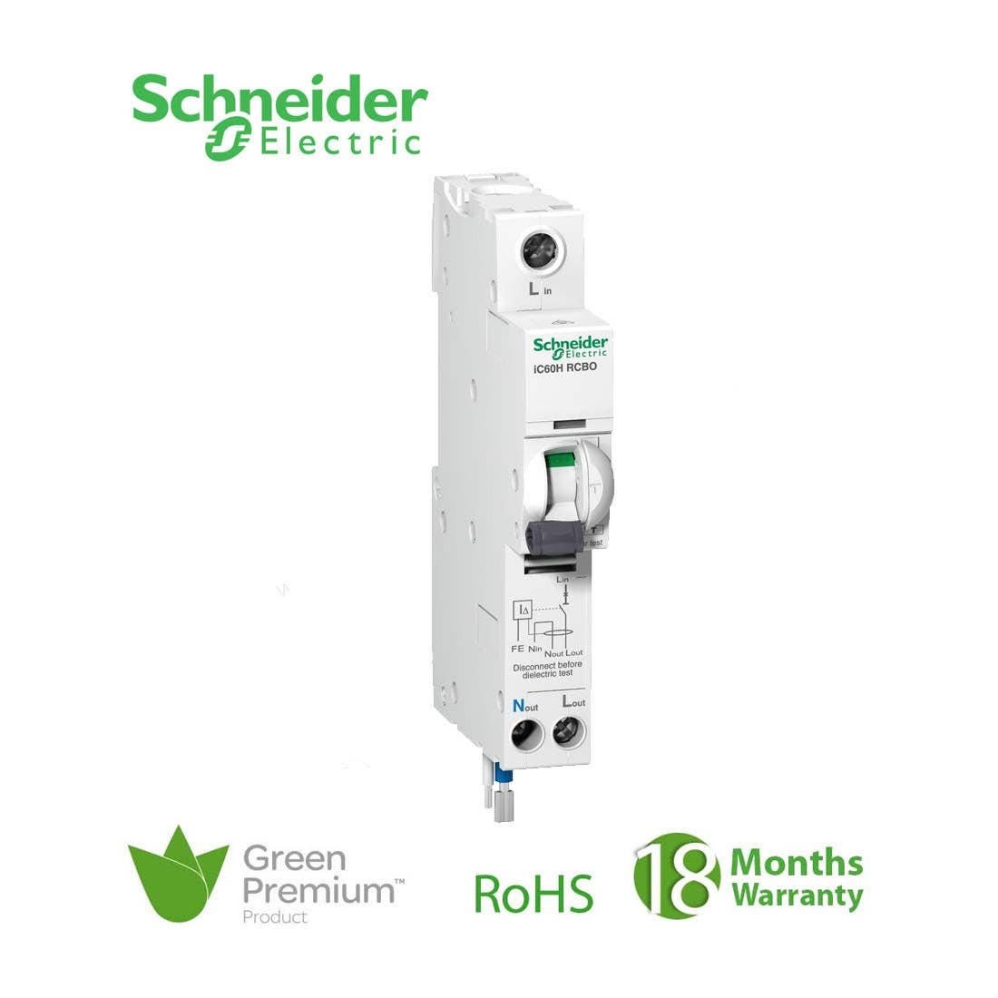 SCHNEIDER - RCBO Breaker, Acti9 iC60H, Earth Leakage, 1P + N, C curve, 20A, 10mA, 240 V