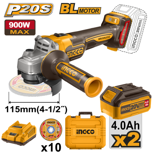 Lithium-Ion Angle Grinder 4.5"- 20V-4.0AH)2X 4 amp battery and charger with a 10-piece metal cutting disc صاروخ شحن 4.5" ليثيوم 20 فولت مع بطاريتين 4 امبير وشاحن مع 10 دسك حديد