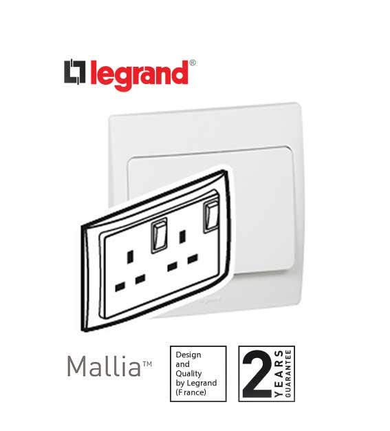 DISCONTINUED LEGRAND - Double Pole Socket Outlet Mallia, switched, 1 Gang+Led, 13 A, 250 V~, White