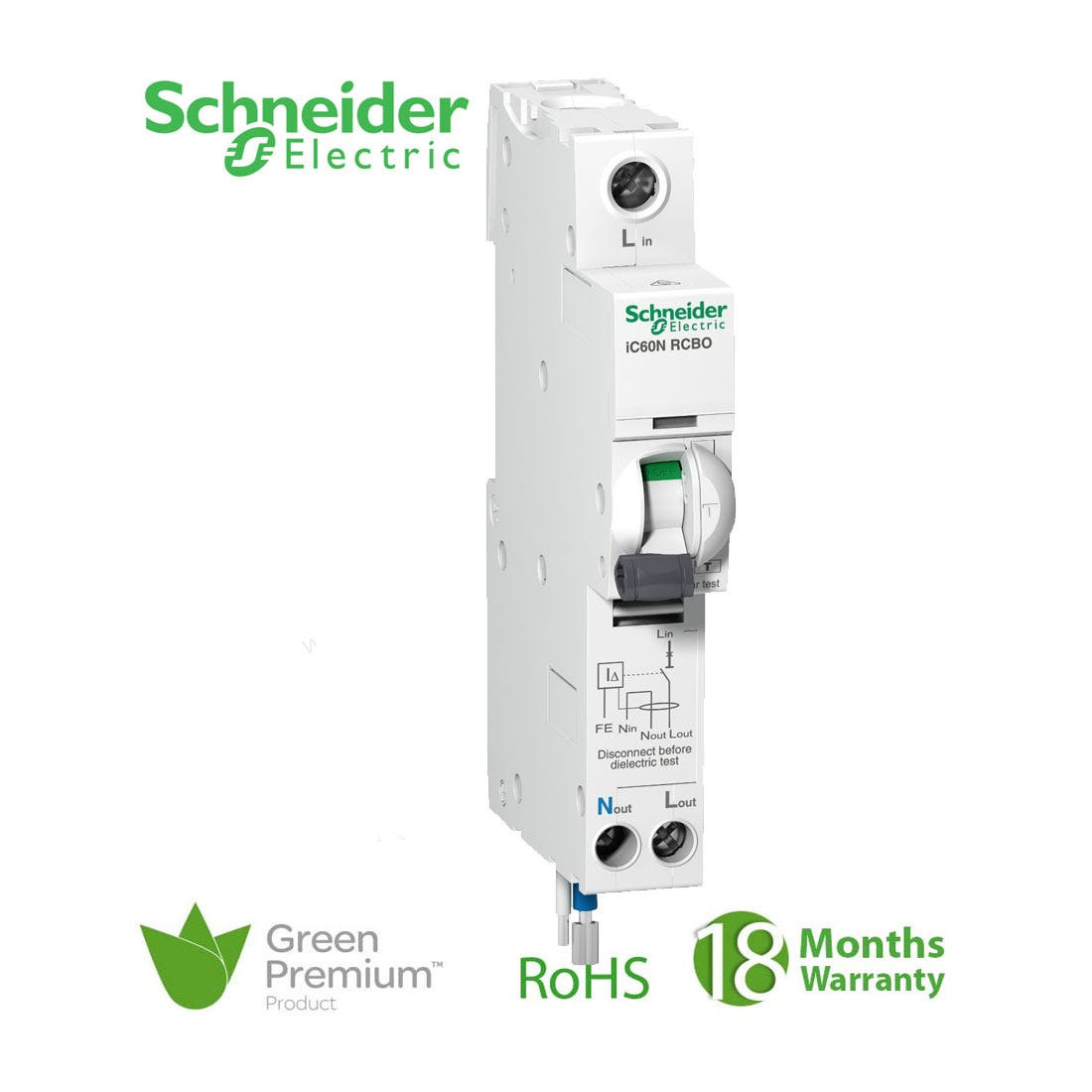 SCHNEIDER - RCBO Breaker, Acti9 iC60N, Earth leakage, 1P + Ns, C curve, 40 A, 30mA, type A, 6000 A