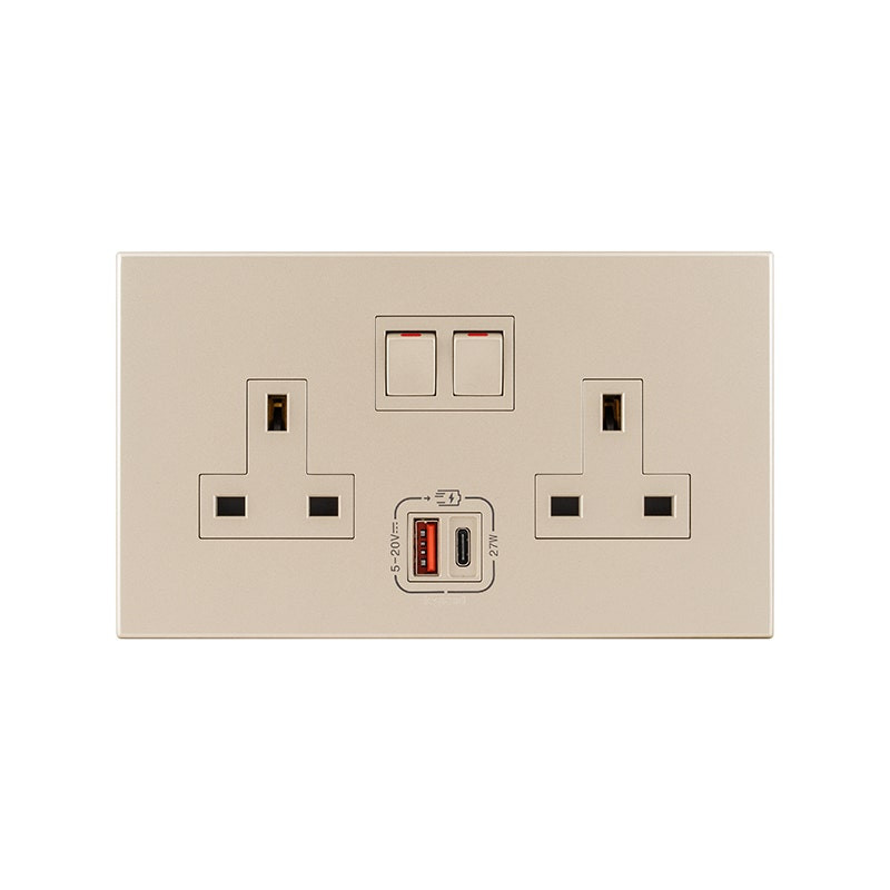 LEGRAND - Socket Arteor, BS, 13A, 250V, DP Switched, 2 Gang, with USB A + USB C 27W Power Delivery, Champagne