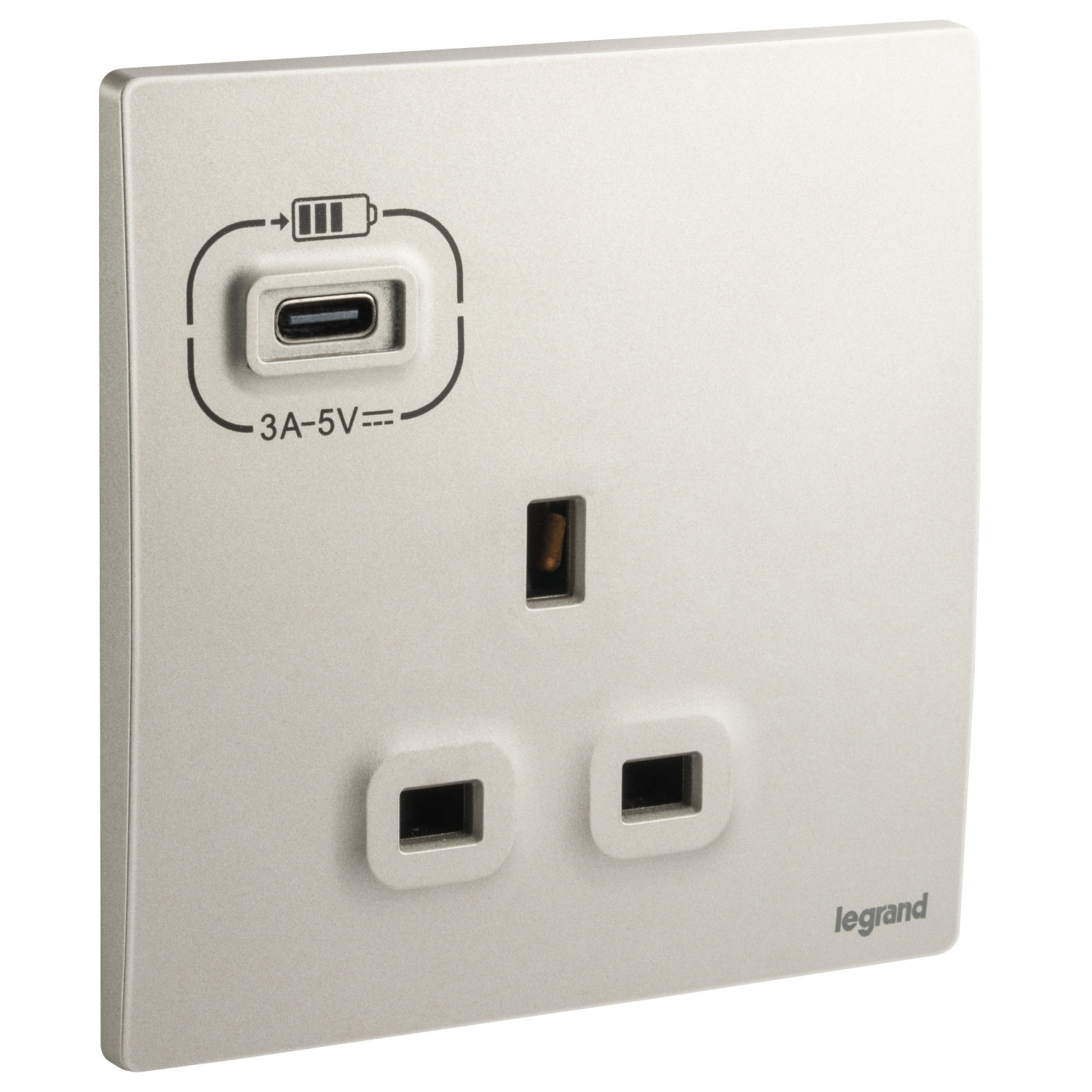 LEGRAND - British Standard Single Pole Socket Outlet with USB Type-C 3 A Charger Mallia, 1 Gang, Unswitched, 13 A, 250 V~, Champagne