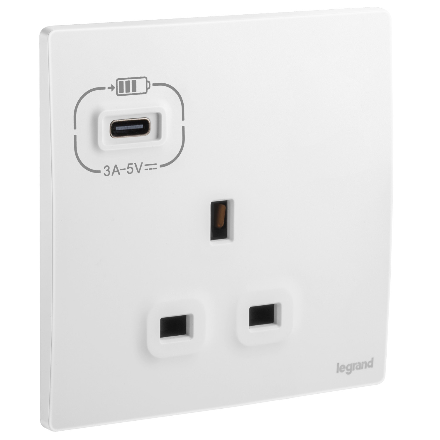 LEGRAND - British Standard Single Pole Socket Outlet with USB Type-C 3 A Charger Mallia, 1 Gang, Unswitched, 13 A, 250 V~, Matt White
