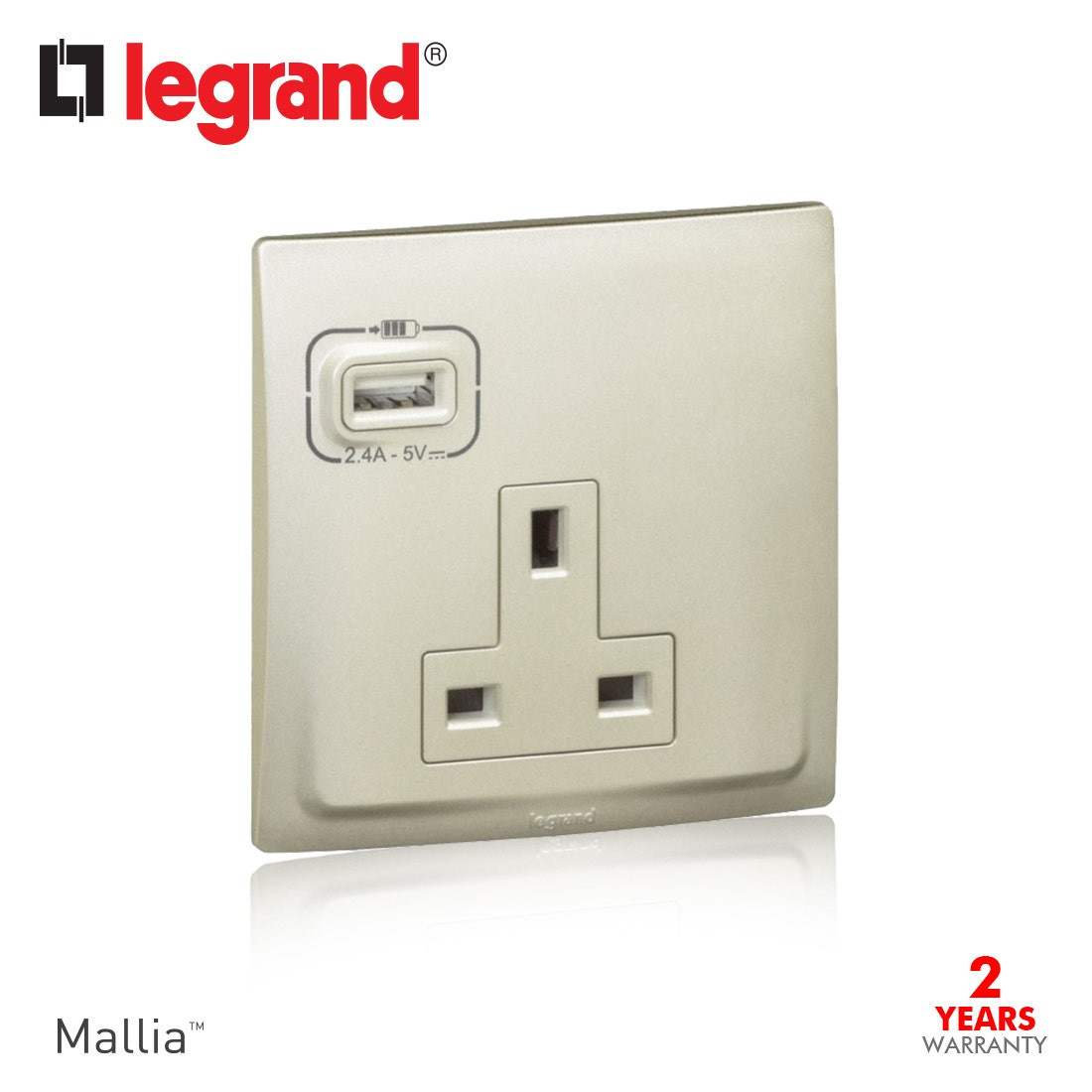 DISCONTINUED LEGRAND - British Standard Socket Outlet with USB Charger Mallia-Unswitched, 1 Gang, 13 A 250 V~