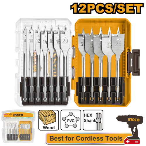 12 Pcs flat wood drill bits set طقم رؤوس المثقاب الخشبية المسطحة 12 قطعة