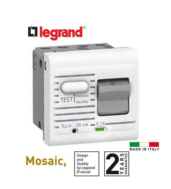 LEGRAND - RCBO Mosaic, 1 Pole, with N 230V~ and Test Button, 16A, 30 mA, 2 Mod -White