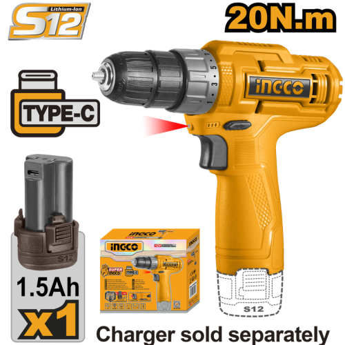 Lithium-Ion cordless drill12V&USB Type-C- 0ne battery 1.5Ah;12V- 20Nmدريل شحن 12 فولت واحد بطارية