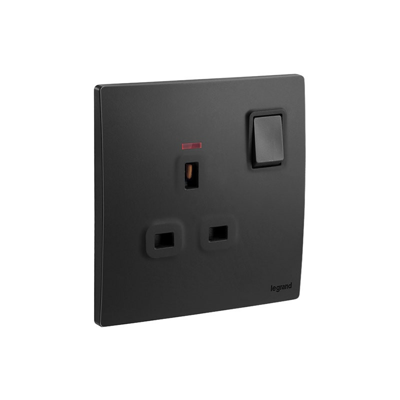 LEGRAND - Double Pole Switched Socket Outlet Mallia Senses, BS, 1 Gang, 13A, 250V, with Led, Matt Black