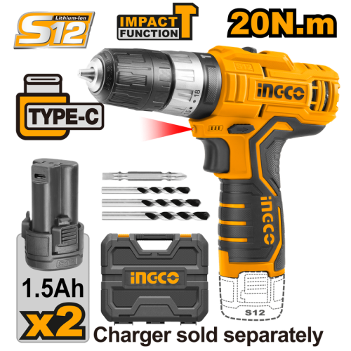 Lithium-Ion cordless drill12V hammer & USB Type-C- 2 battery 1.5Ah;12V- 20Nmدريل شحن 12 فولت شاكوش 2 بطارية