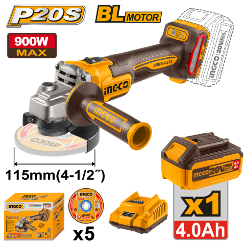 Cordless angle grinder 20V Brushless 115mm 4.5" 900w with battery 4.0AH charger5 metal disc 20 4.5" 900 4 5