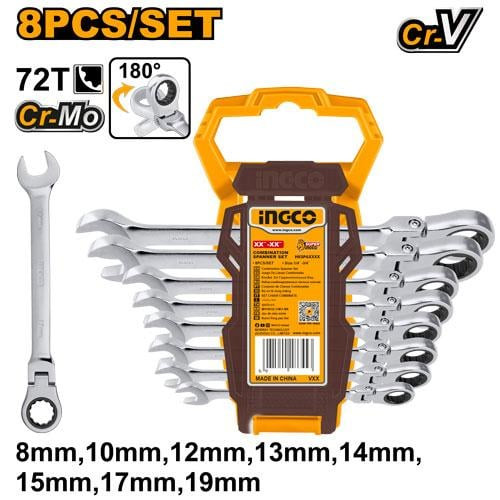 8pcs Flexible Ratchet Spanner 8-19mm طقم مفاتيح ناحية وناحية راس متحرك اوتوماتيكي 8 قطع