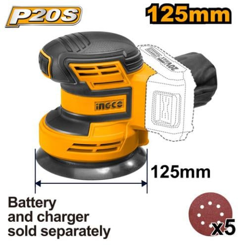 Cordless random orbit sander 125mm 20v - Without charger and battery جهاز صنفرة دائرية شحن 20 فولت ليثيوم بدون بطارية وشاحن