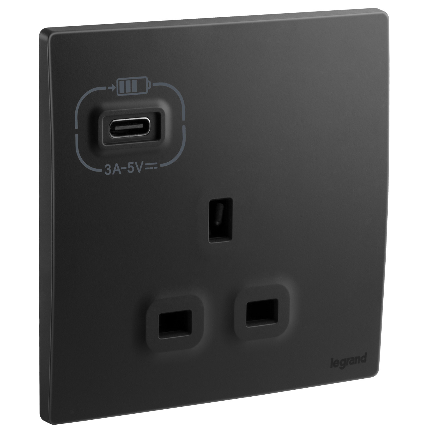 LEGRAND - British Standard Single Pole Socket Outlet with USB Type-C 3 A Charger Mallia, 1 Gang, Unswitched, 13 A, 250 V~, Matt Black
