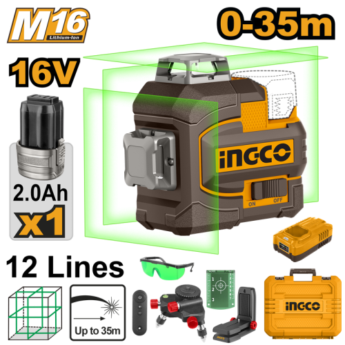 Cordless 3D Green laser level 16V with 1 Pcs 2.0Ah &chargerميزان ليزر 3 دي لاسلكي 16 فولت مع بطارية 2 امبير وشاحن
