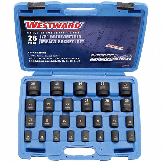 Impact Socket Set, 1/2 inch Drive Size, 26 Pieces, 10 to 36 mm Socket Size Range