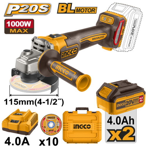 Cordless angle grinder Brushless 4.5"- 20V-1000W-4.0AH 2X battery&charger&10-pcs metal cutting disc صاروخ شحن 4.5" ليثيوم 20 فولت 1000 وات مع بطاريتين 4 امبير وشاحن 4 امبير مع 10 دسك حديد