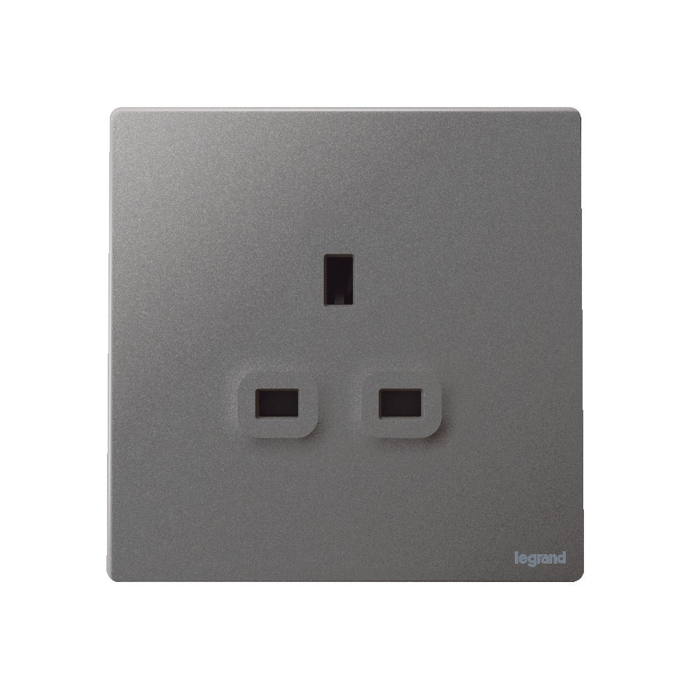 LEGRAND - British Standard Single Pole Socket Outlet Mallia, 1 Gang, Unswitched, 13 A, 250 V~, Dark Silver