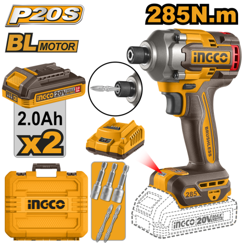 Cordless impact driver 20V 235Nmمفك تأثير لاسلكي 20 فولت عزم دوران 285 نيوتن متر مع 2 بطارية 2 امبير وشاحن