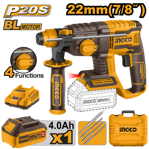 Cordless rotary hammer 20V -22mm with 3 drill bits 1 chisel 4.0Ah battery 1charger 20 22 4 3