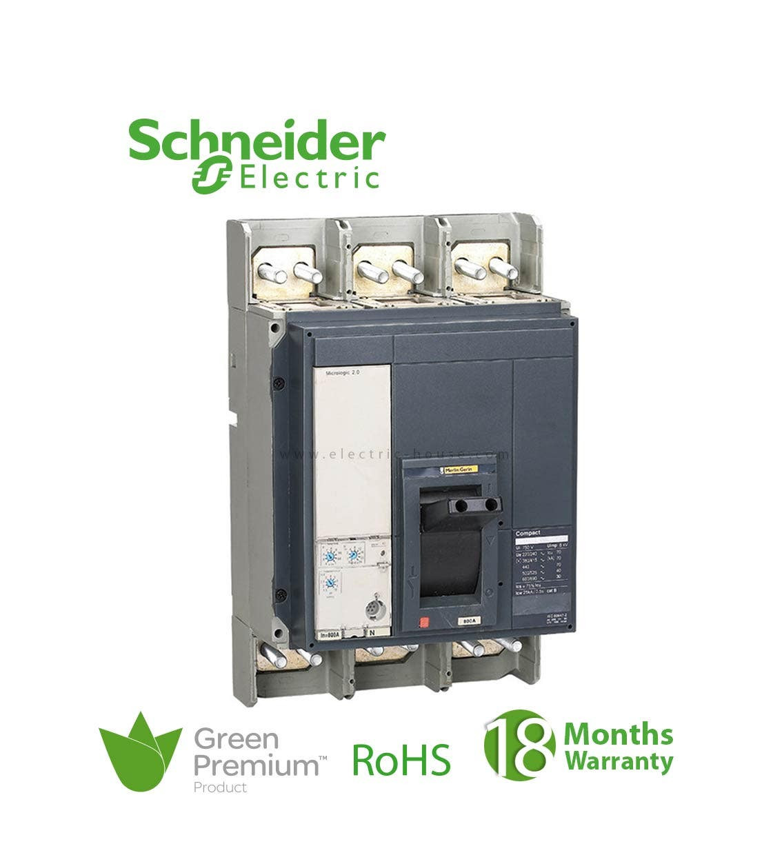 شنايدر - قاطع رئيسي 1000 أمبير - ComPact NS1000N, 50 kA at 415 VAC, Micrologic 2.0 Trip Unit, 1000 A, Fixed, 3P 3d
