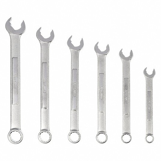 Combination Wrench Set, Alloy Steel, Satin, 6 Tools, 8 mm to 14 mm Range of Head Sizes