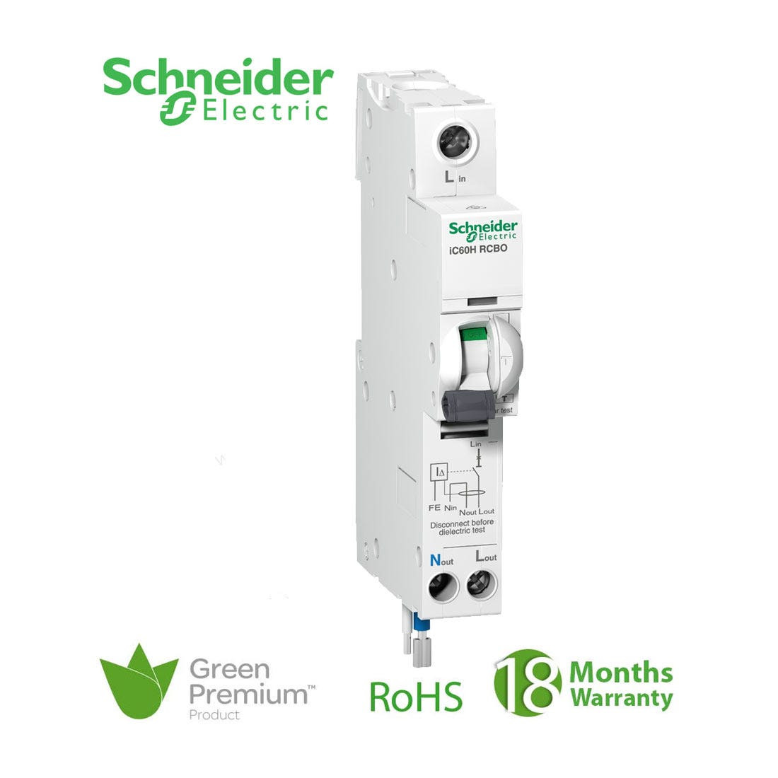 SCHNEIDER - RCBO Breaker, Acti9 iC60H, Earth Leakage, 1P + Ns, B curve, 16A, 30mA, 240 V